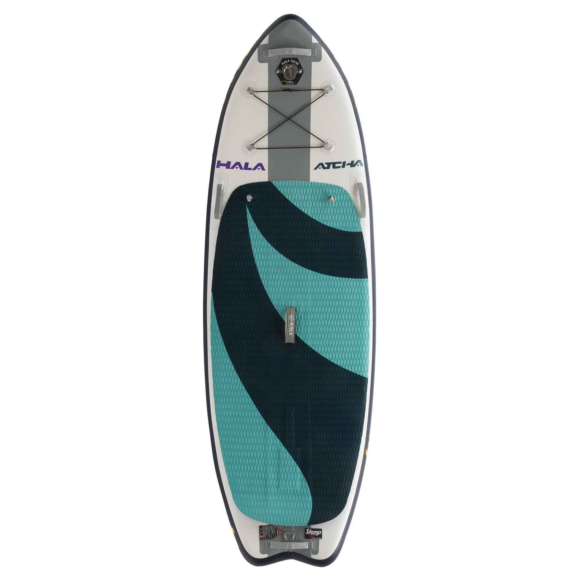Top-down view of the Hala Atcha 8'6 inflatable paddle board in teal, and dark blue. Featuring a textured deck pad, Hala and Atcha branding.