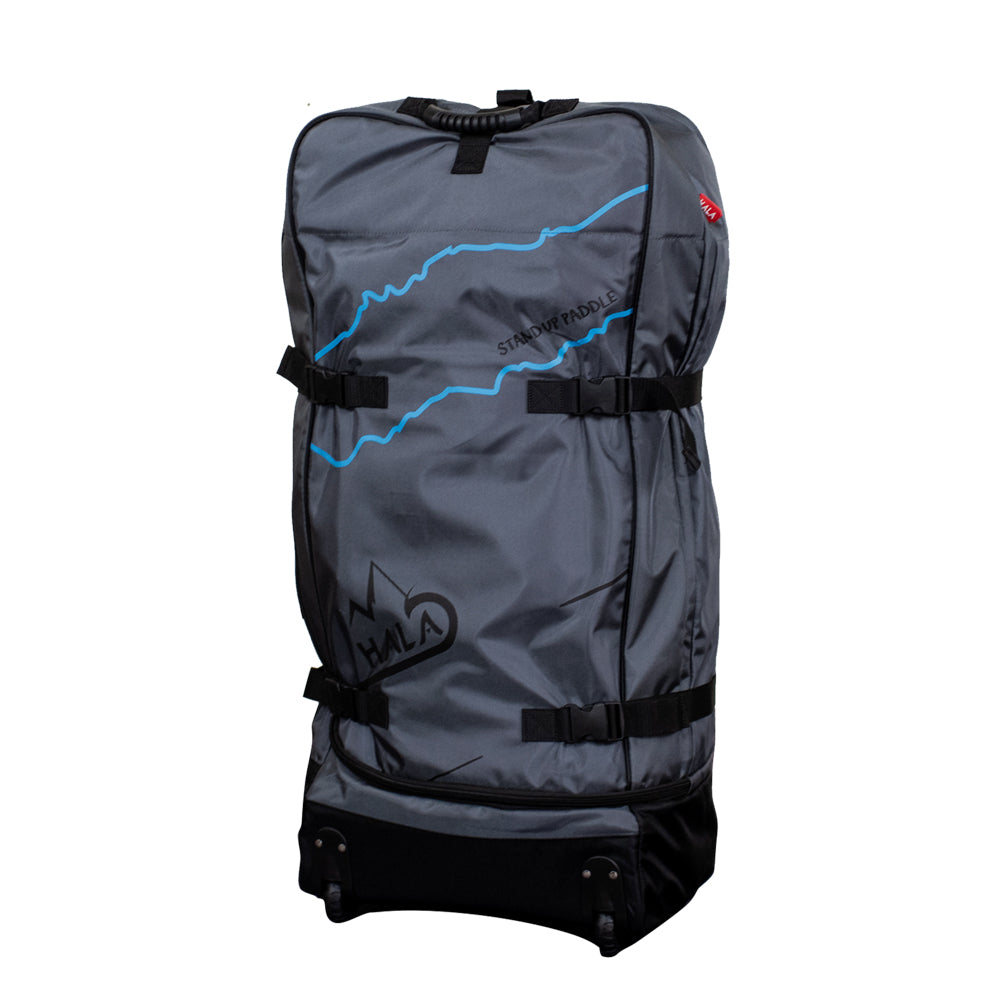 Hala travel bag in gray and blue with wheels and backpack straps, designed for easy transportation of a paddle board.