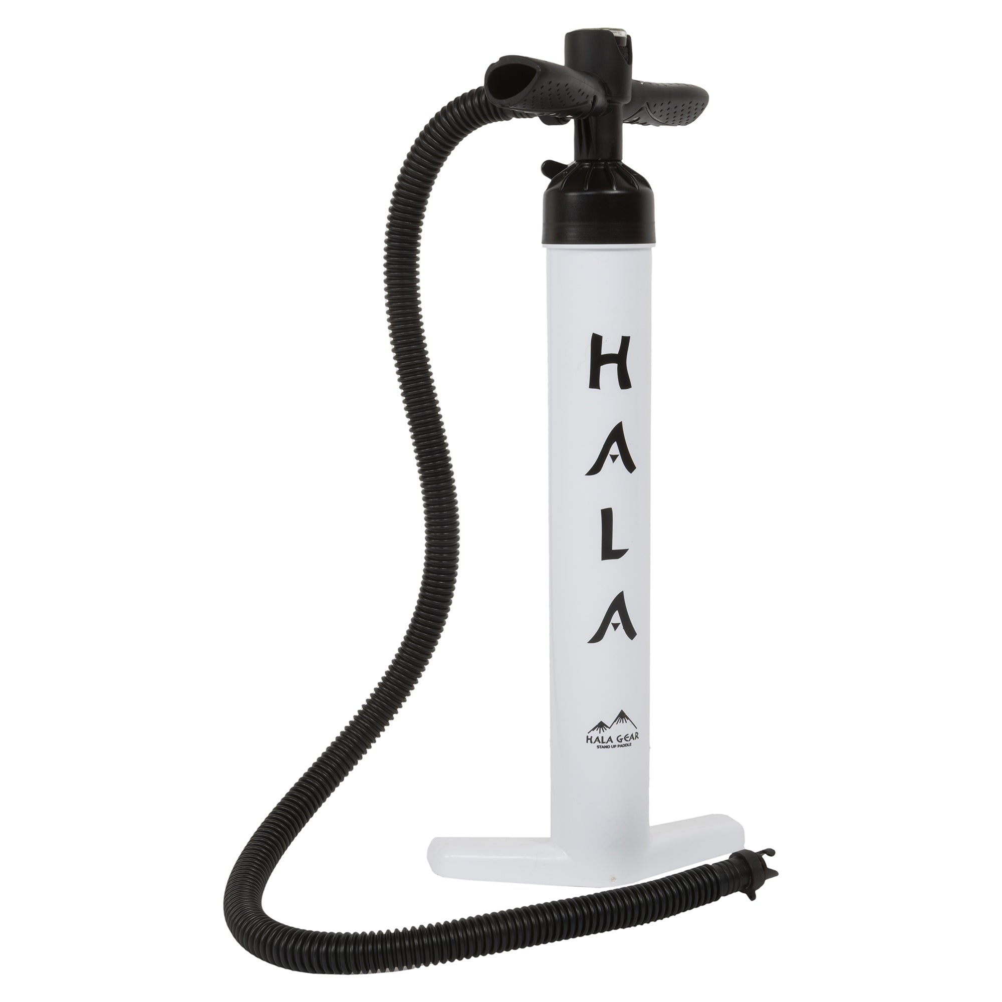 White Hala Gear dual-action hand pump with black handles and hose, used for inflating stand-up paddleboards.