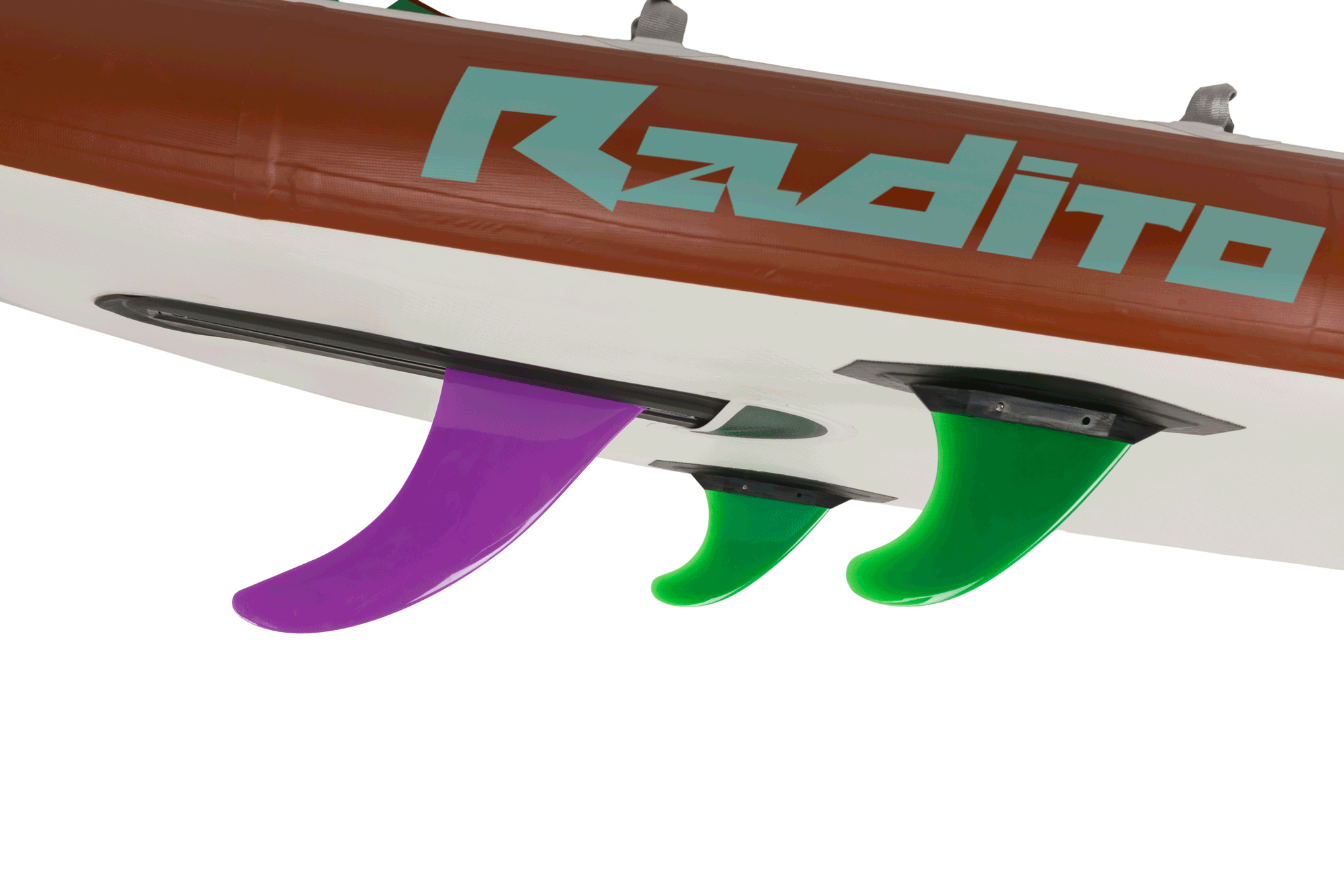 Hala StompBox 2.5 kit installed on the Hala Radito inflatable paddleboard, featuring an automatic retractable fin system for superior performance in shallow and rocky waters.