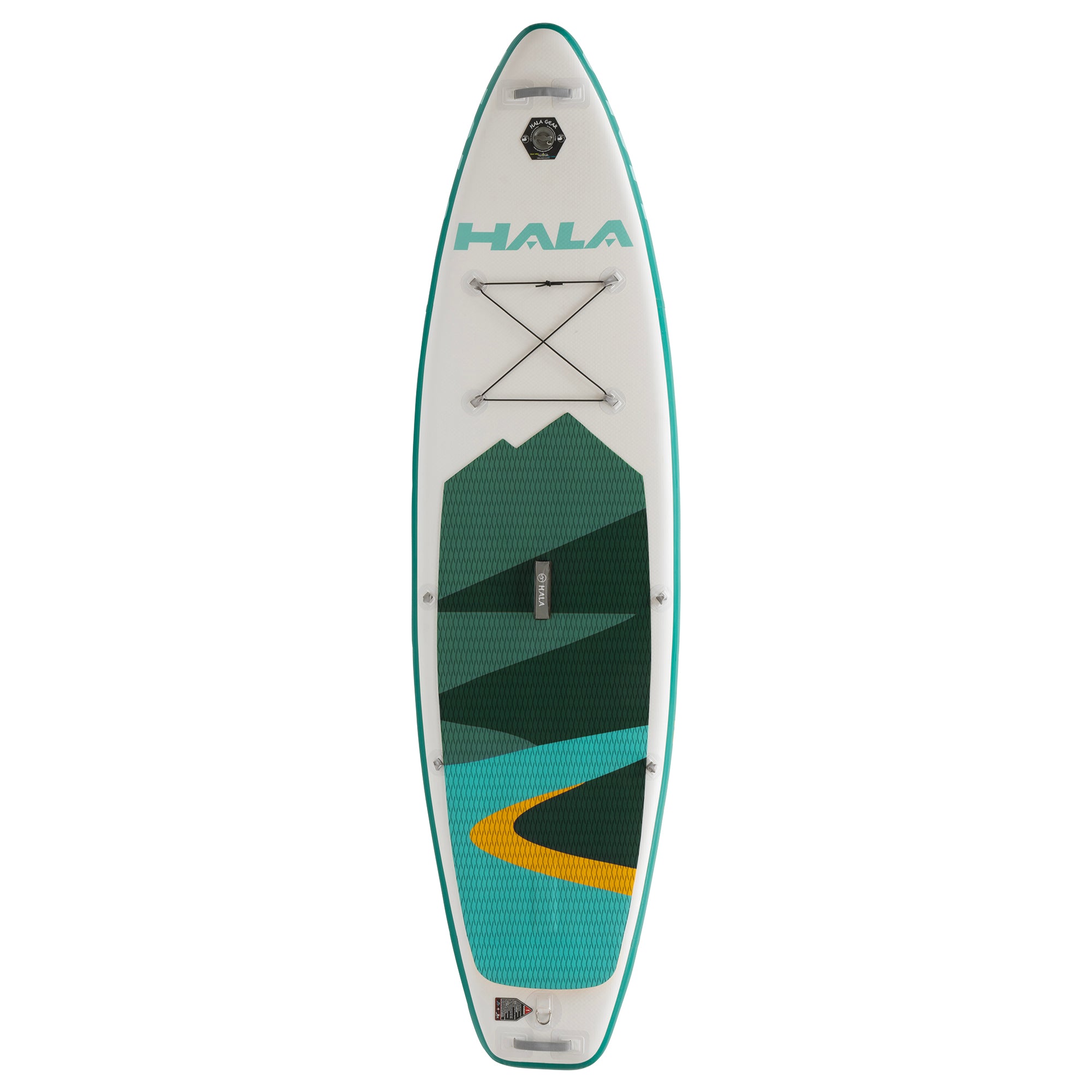 Top-down view of the Hala Straight Up inflatable paddle board with a green, blue, and yellow mountain design. Includes front bungee storage and a stable shape for flatwater and light river paddling.
