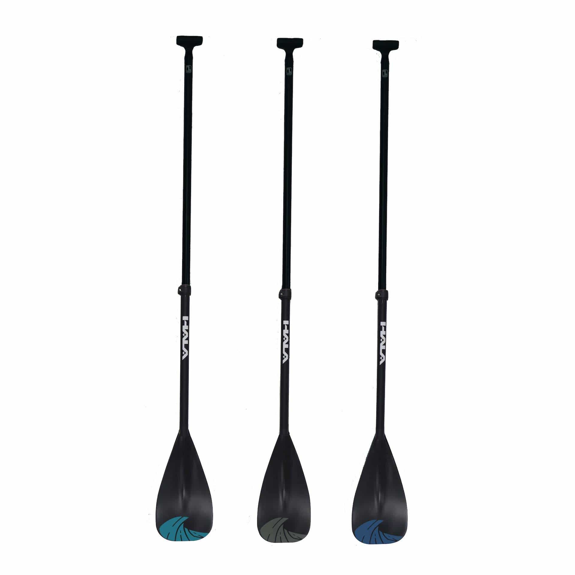 Three Hala B-Line paddles are shown fully assembled and standing upright side-by-side. Each has a black shaft and narrow blade with a colored wave graphic at the base. The left blade has a teal accent, the middle has gray, and the right has blue. All paddles feature the white Hala logo on the shaft.