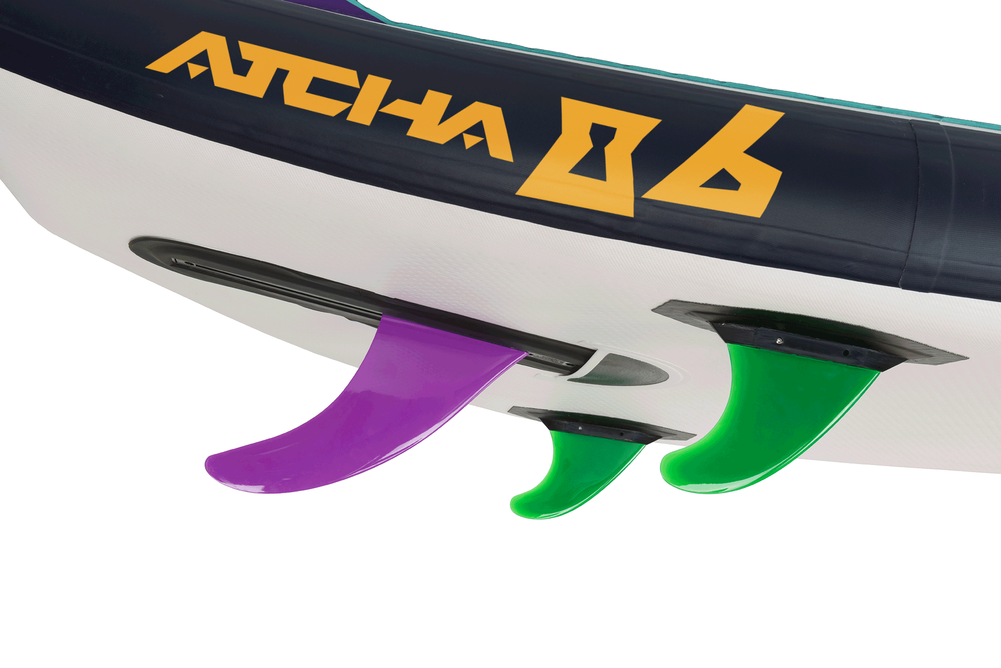 Hala StompBox 2.5 kit installed on the Hala Atcha 8'6 inflatable paddleboard, featuring an automatic retractable fin system for superior performance in shallow and rocky waters.
