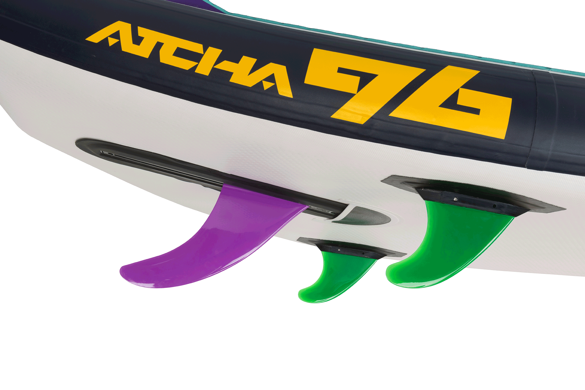 Hala StompBox 2.5 kit installed on the Hala Atcha 9'6 inflatable paddleboard, featuring an automatic retractable fin system for superior performance in shallow and rocky waters.