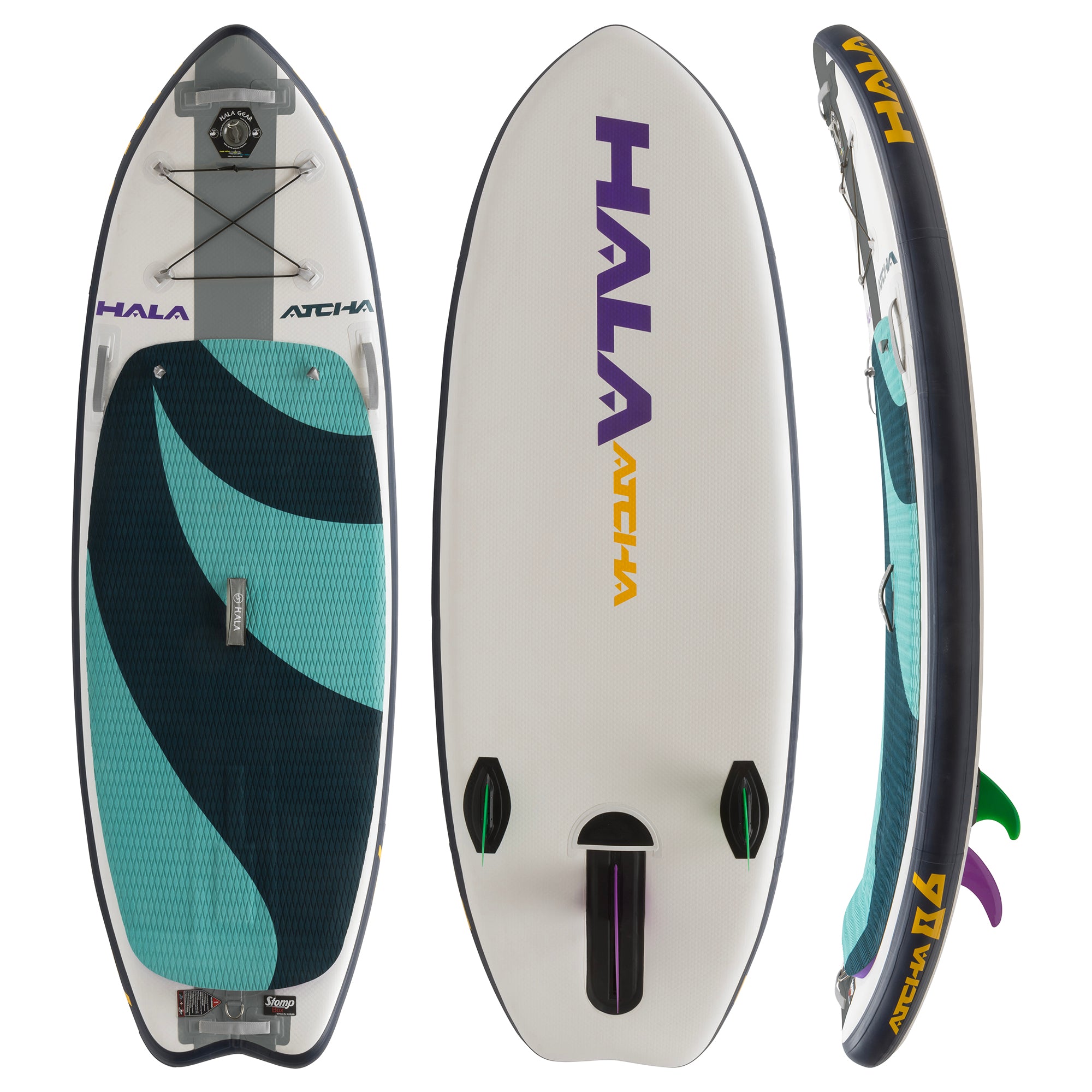 Hala Atcha 8'6 inflatable paddle board displayed from multiple angles in teal, and dark blue. Includes top deck with traction pad, bottom view with fin setup and Hala logo, and side profile showing rocker shape and Atcha 8'6 branding.