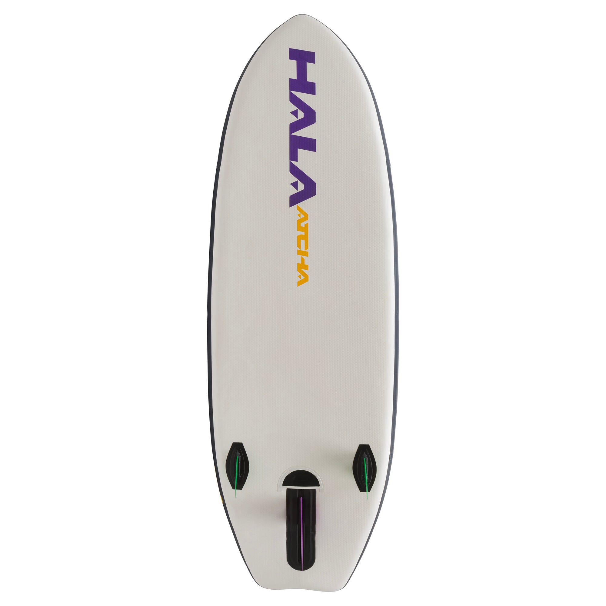Bottom view of the Hala Atcha 9'6 inflatable paddle board, featuring purple Hala and yellow Atcha branding. Equipped with the Stompbox 2.5 retractable fin system and two green 4.5 gummy side-bite fins.