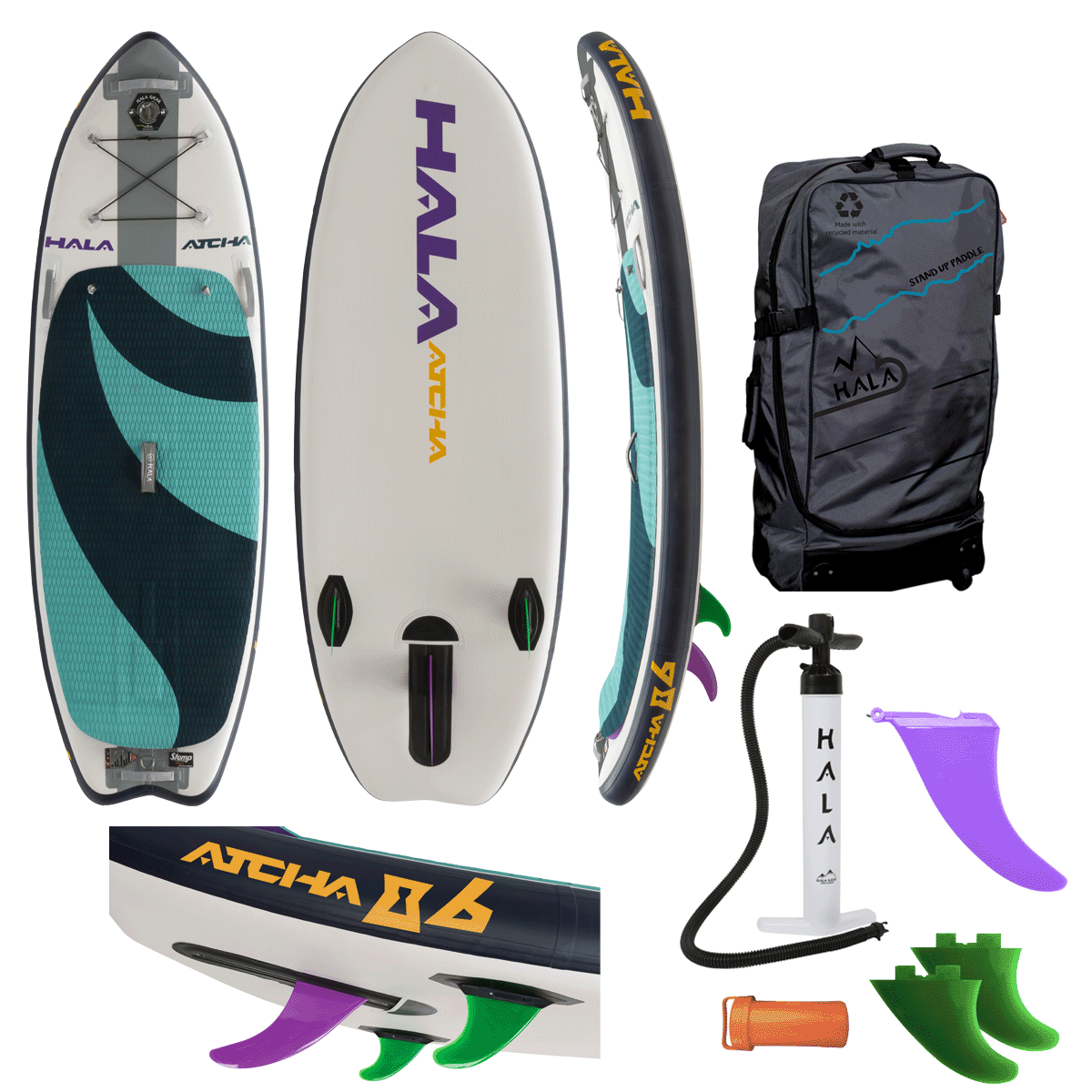 Hala Atcha 8'6 inflatable paddle board full kit in teal, and dark blue. Includes the board, travel bag, hand pump, StompBox retractable fin system, repair kit, and additional fins for versatile river surfing and whitewater performance.
