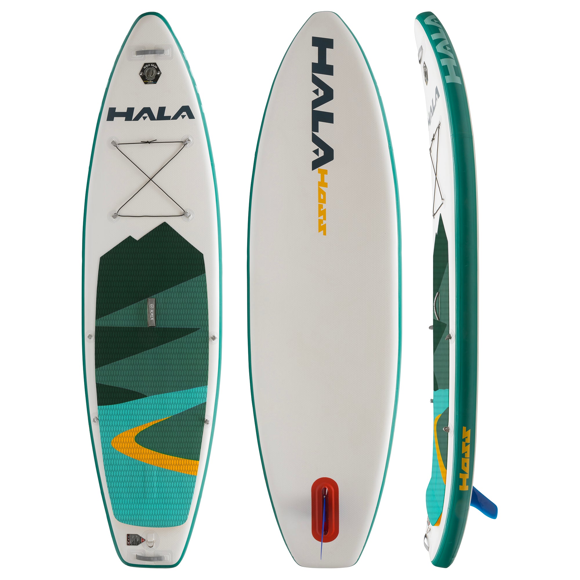 Hala Hoss inflatable paddle board shown from three angles: top view featuring a green, blue, and yellow mountain scene deck pad with bungee tie-downs; bottom view with large center fin box and Hala Hoss branding; and side profile displaying board thickness and logo placement.