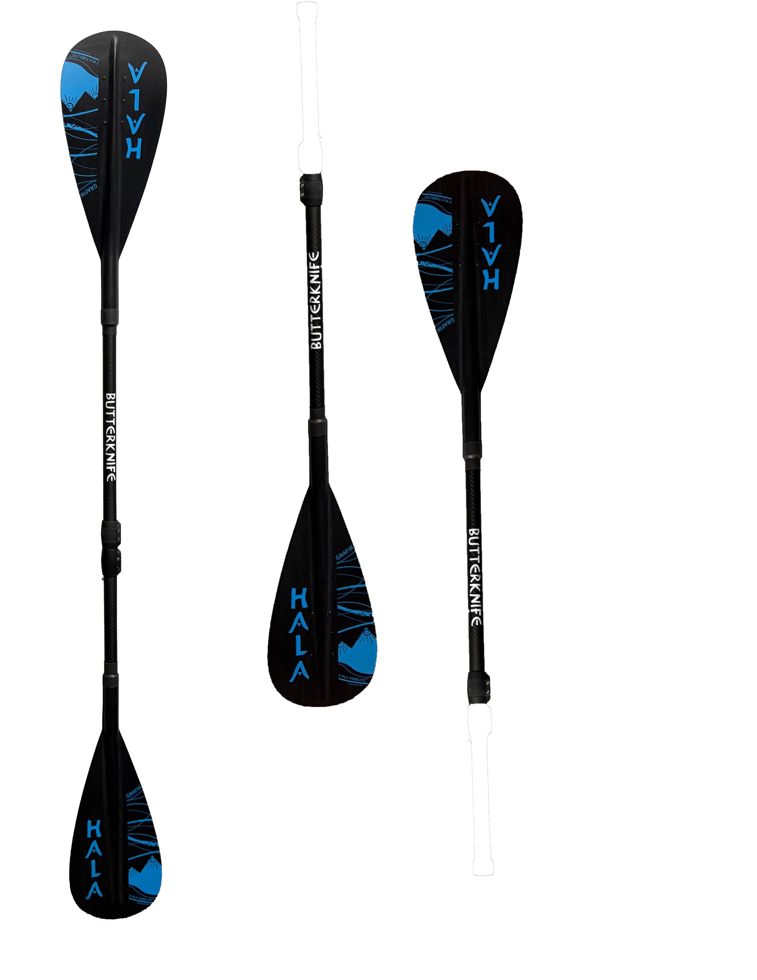 Disassembled Hala Butterknife Travel Carbon Paddle in black and blue, showing three parts: blade section, handle section, and middle shaft with height markers.