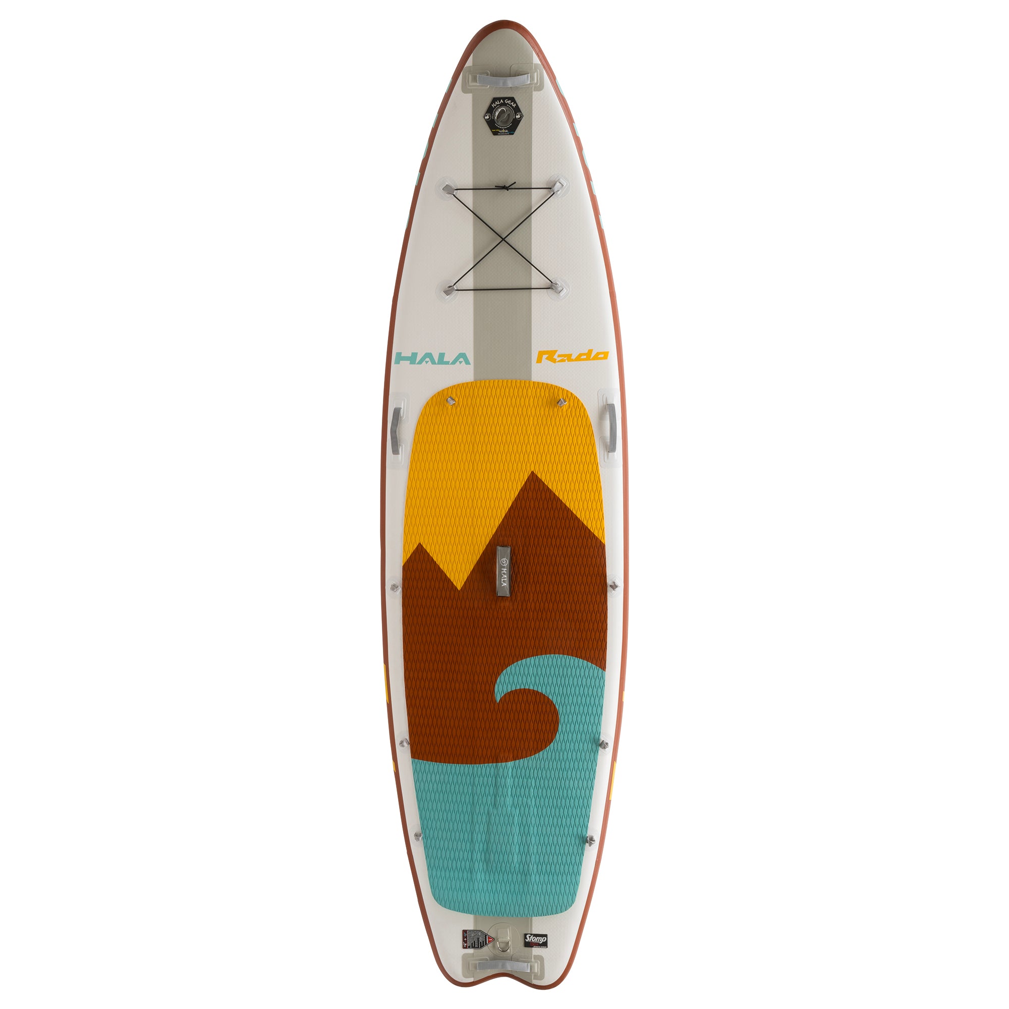 Top-down view of the Hala Rado inflatable paddle board with a red, teal, and yellow mountain and wave deck design. Includes front bungee storage and a stable shape for all water paddling.