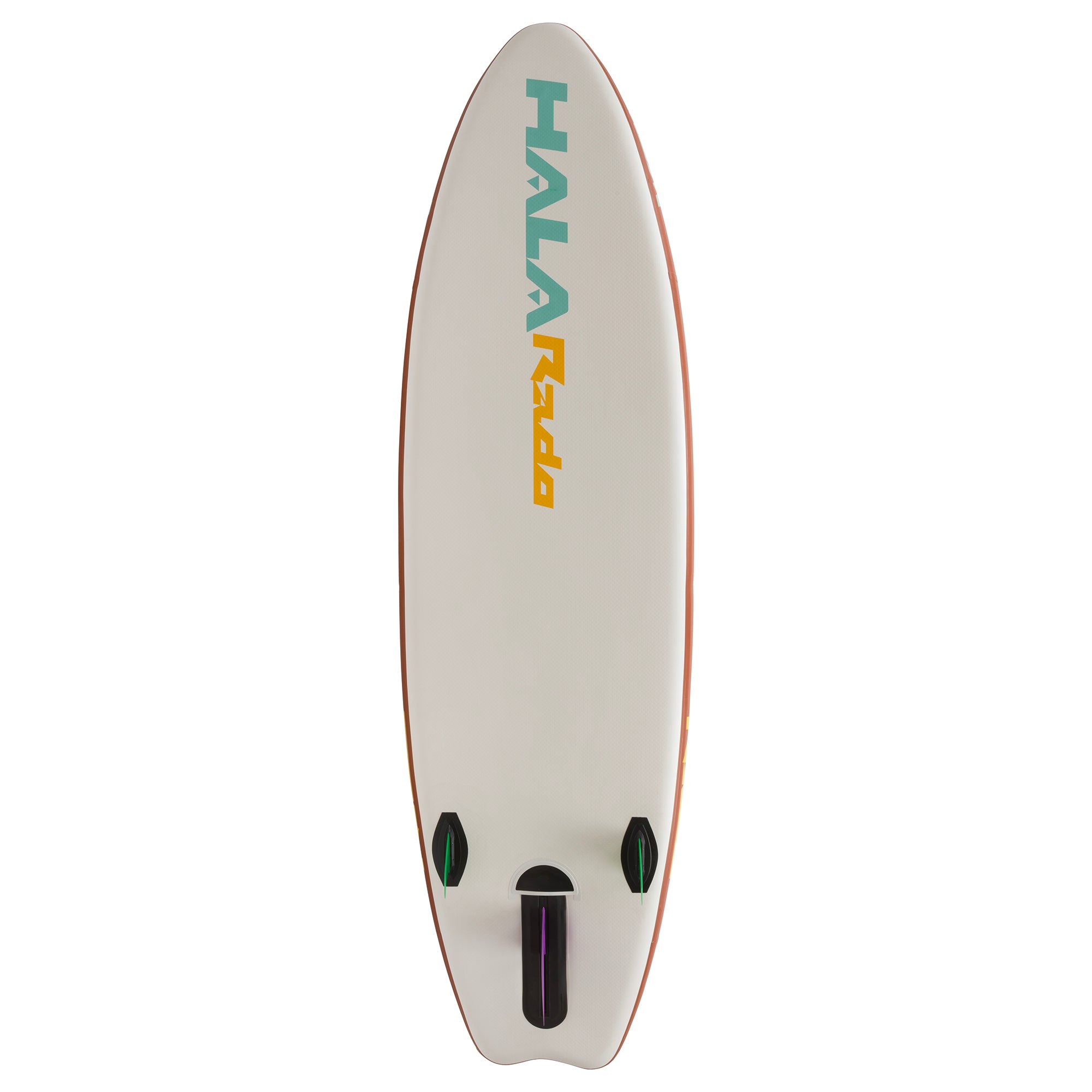 Bottom view of the Hala Rado inflatable paddle board, featuring teal Hala and yellow Rado branding. Equipped with the Stompbox 2.5 retractable fin system and two 4.5 gummy side-bite fins.