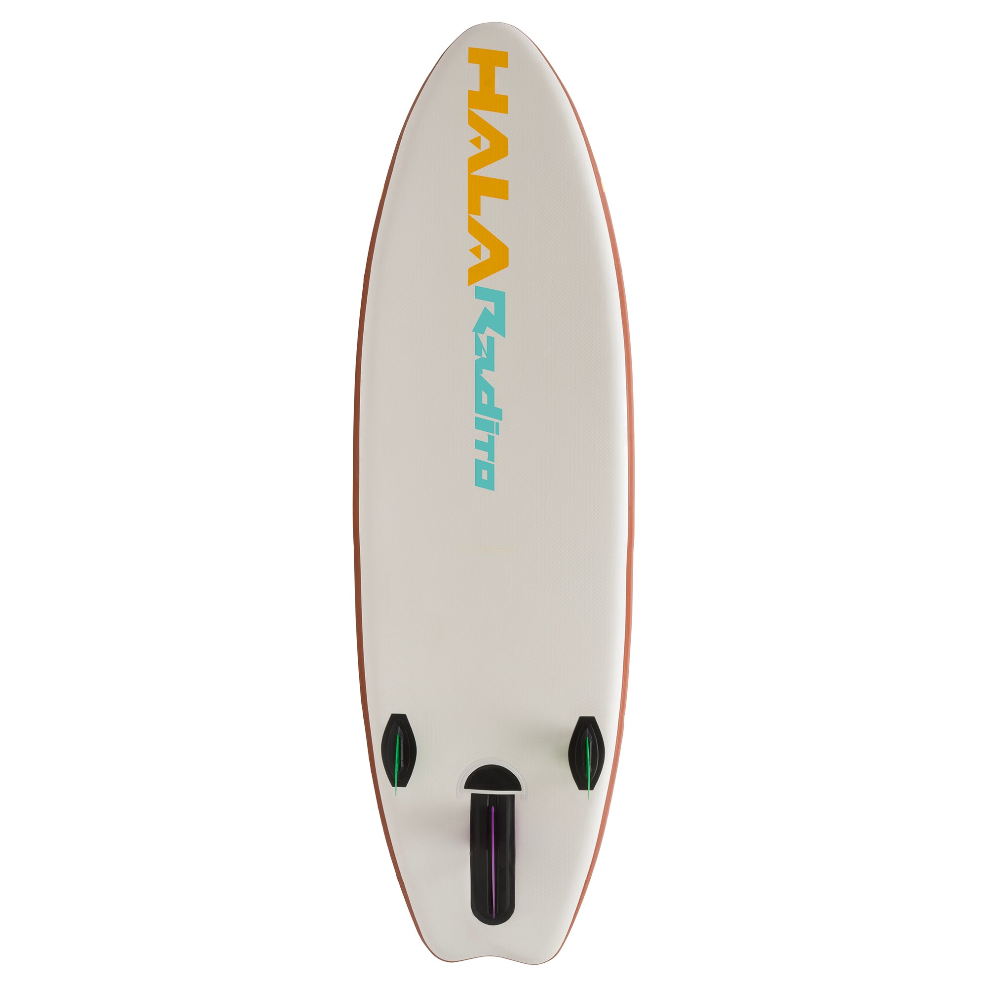 Bottom view of the Hala Radito inflatable paddle board, featuring teal Hala and yellow Rado branding. Equipped with the Stompbox 2.5 retractable fin system and two 4.5 gummy side-bite fins.