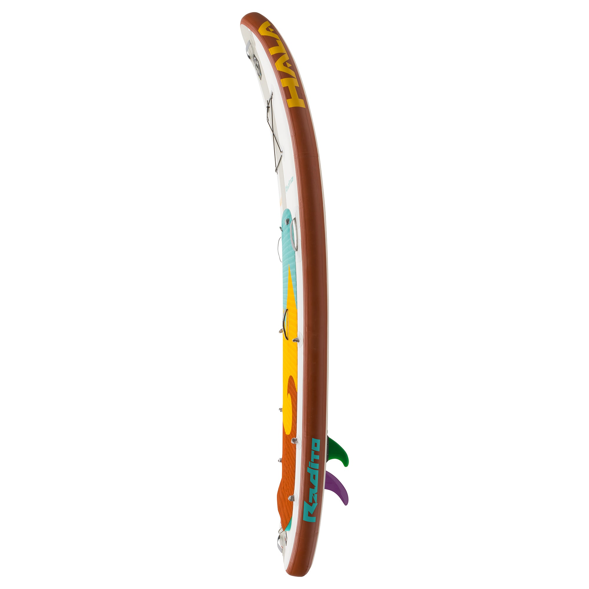 Side view of the Hala Radito inflatable paddle board, featuring red rails with teal 'Radito' branding and a yellow Hala logo.
