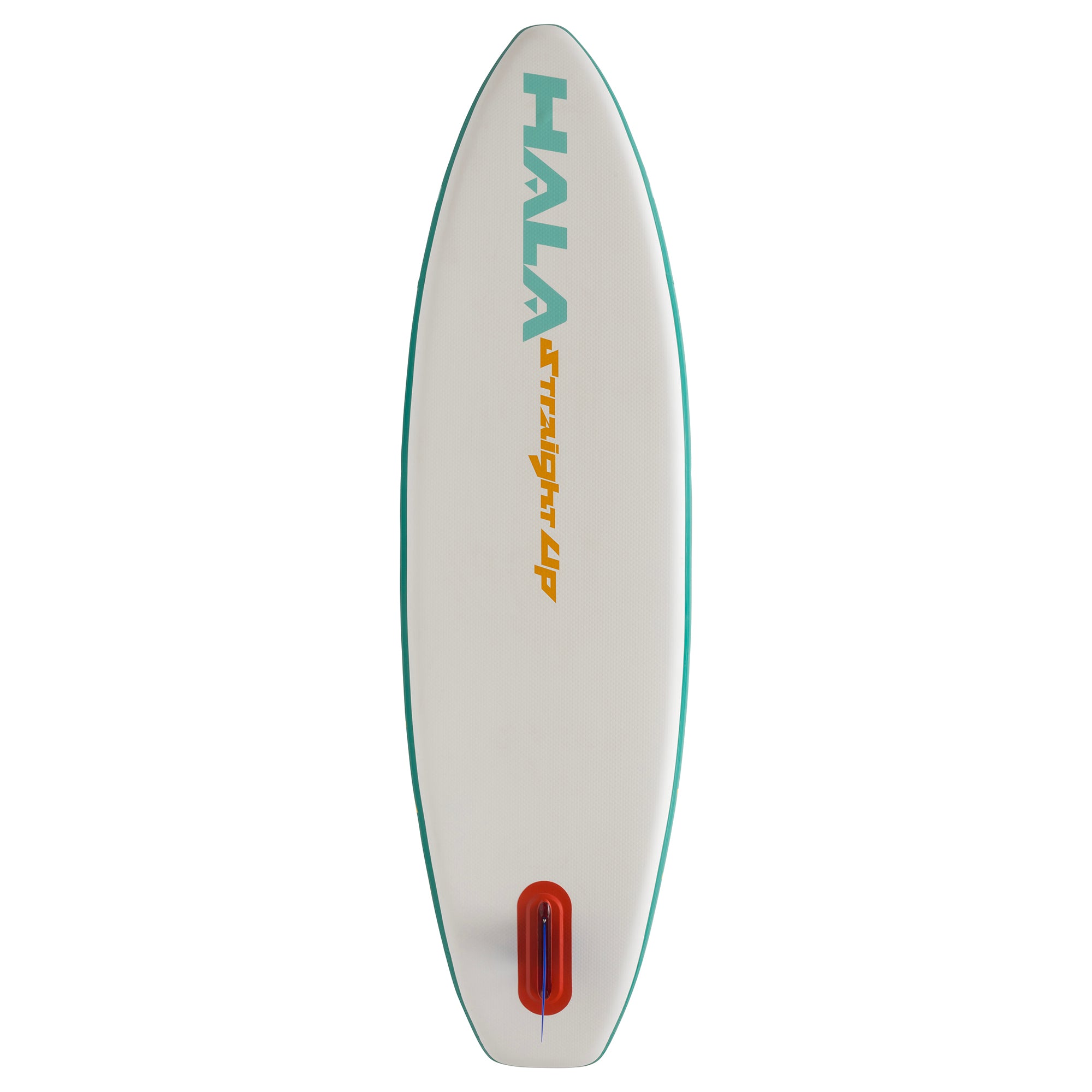 Bottom view of the Hala Straight Up inflatable paddle board, featuring the teal Hala logo, yellow 'Straight Up' branding, and an Air7 fin box with a 9-inch center fin.