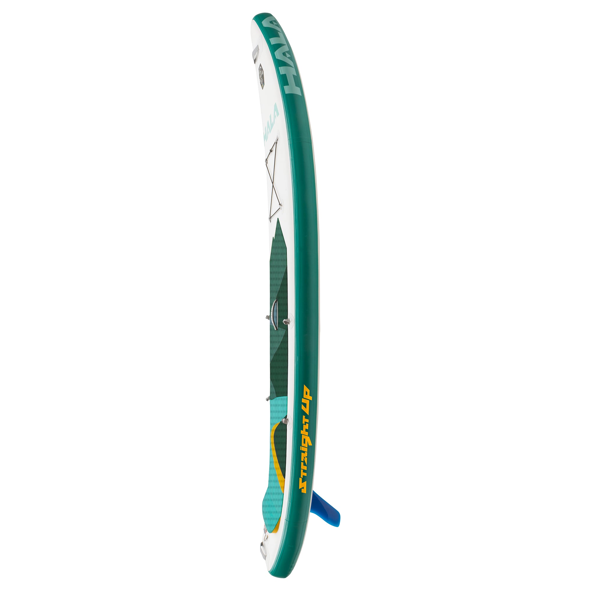 Side view of the Hala Straight Up inflatable paddle board, featuring green rails with 'Straight Up' branding and a mounted 9-inch center fin.