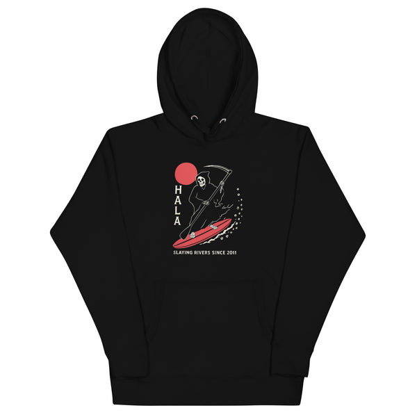 Hala Gear Grim Reaper Hoodie in black, unisex pullover with gothic graphic