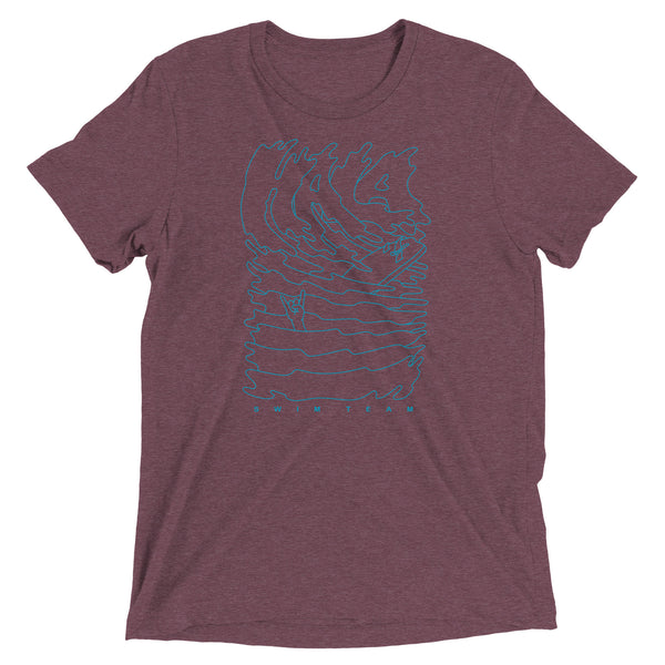 Hala Swim Team T-Shirt in maroon triblend, unisex short sleeve front view