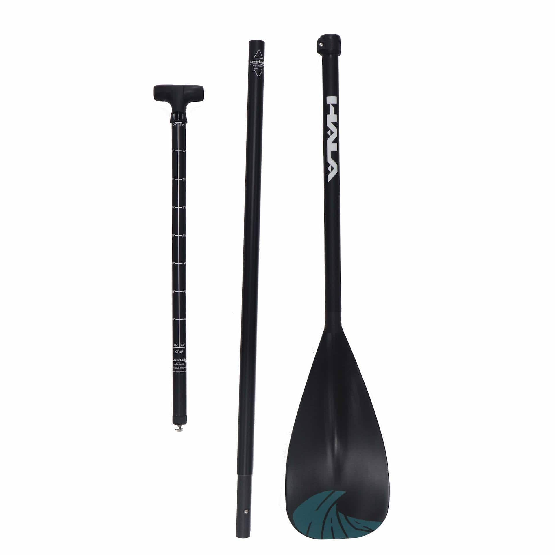 The Hala B-Line paddle in teal is shown disassembled into three parts: the paddle blade with the lower shaft, the middle shaft section, and the top handle with the LeverLock adjustment system. The blade features a teal wave graphic, and the Hala logo is printed in white on the shaft.